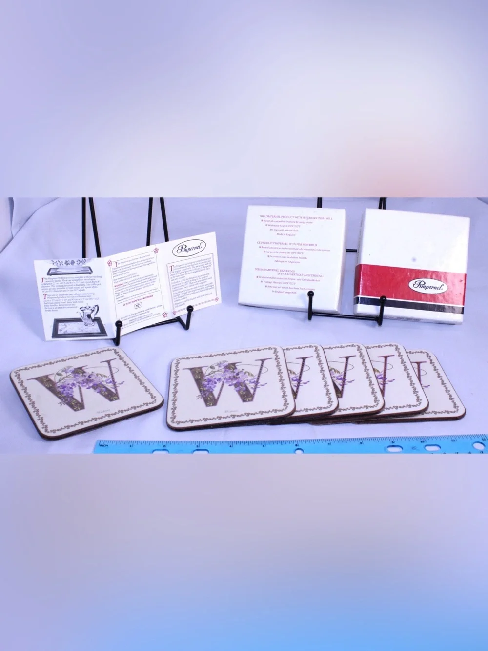 Pimpernel Cream and Purple Floral 'W' Monogram Coasters - Set of 6